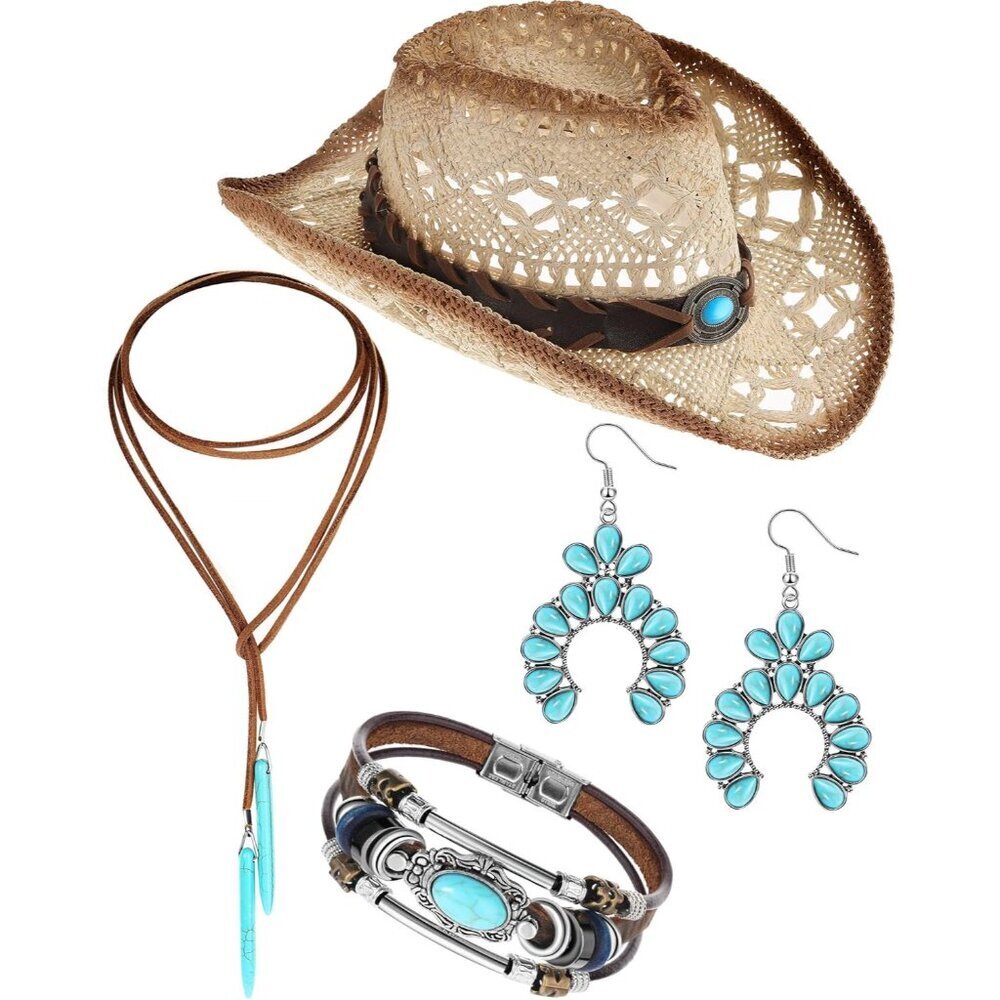 Boho Jewelry Set Turquoise Cowgirl Hat Necklace Earrings Bracelets Gift